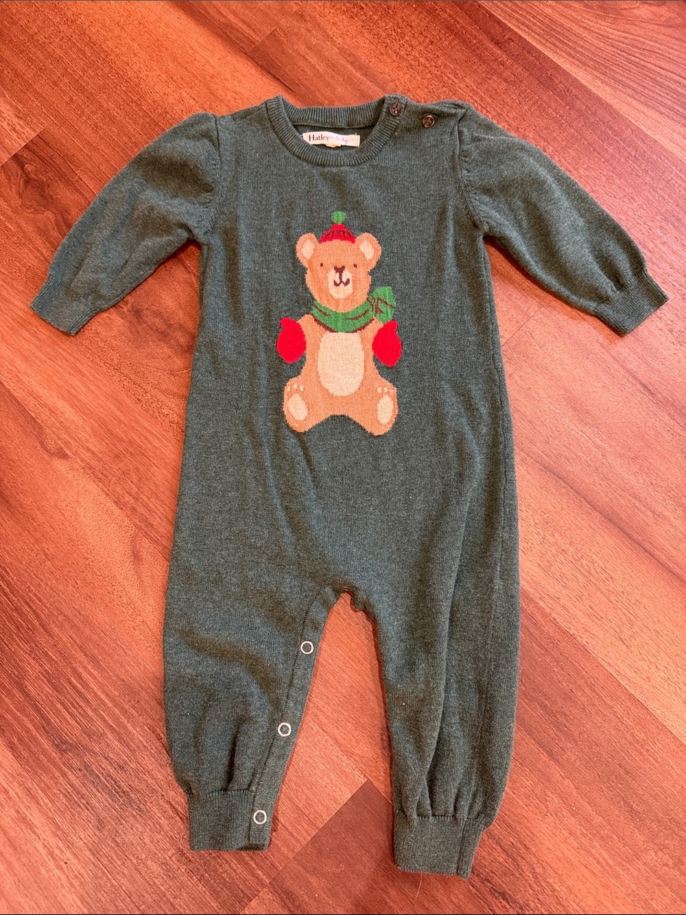 Hatley Green Knit Teddy Bear One-Piece with Red Accents